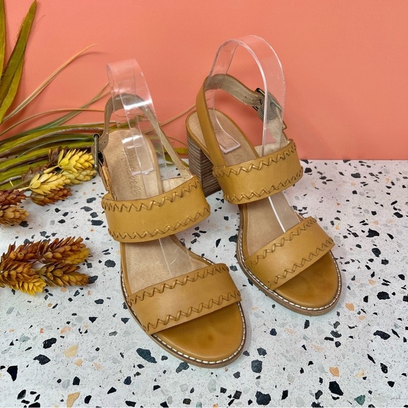 Madewell The Angie Double Strap Tan Block Women’s Leather Heeled Sandals Sz 7.5 - Picture 1 of 9